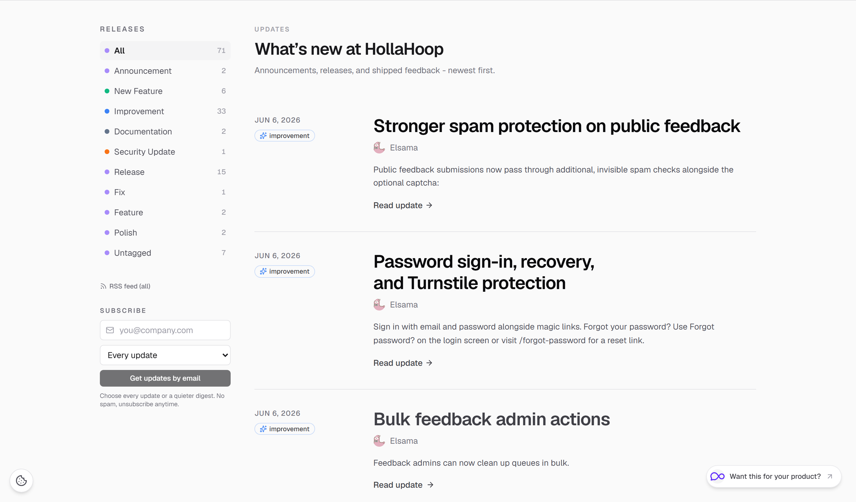 Hollahoop changelog with release notes and tag filters