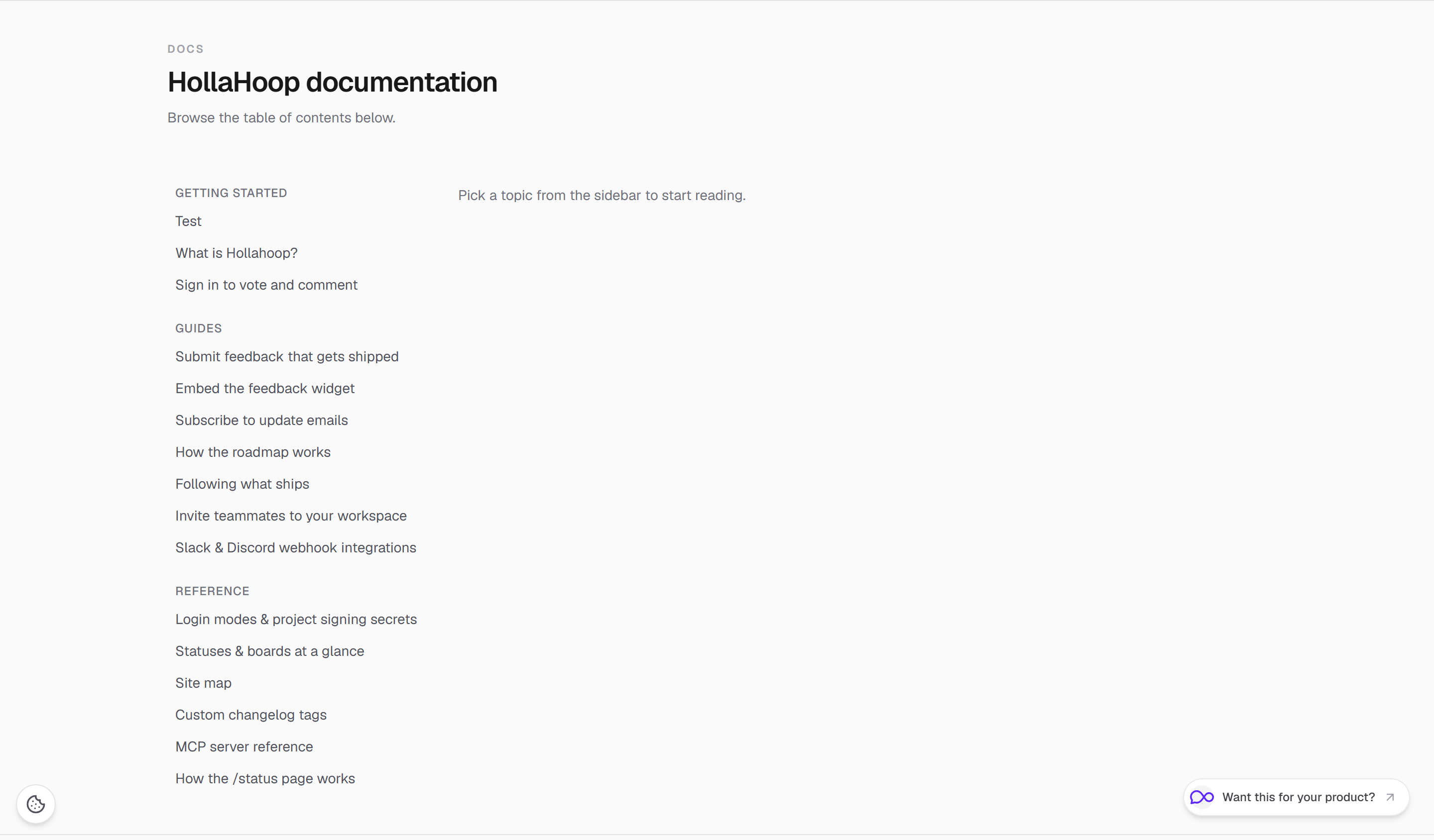 Hollahoop product docs with sidebar navigation and search