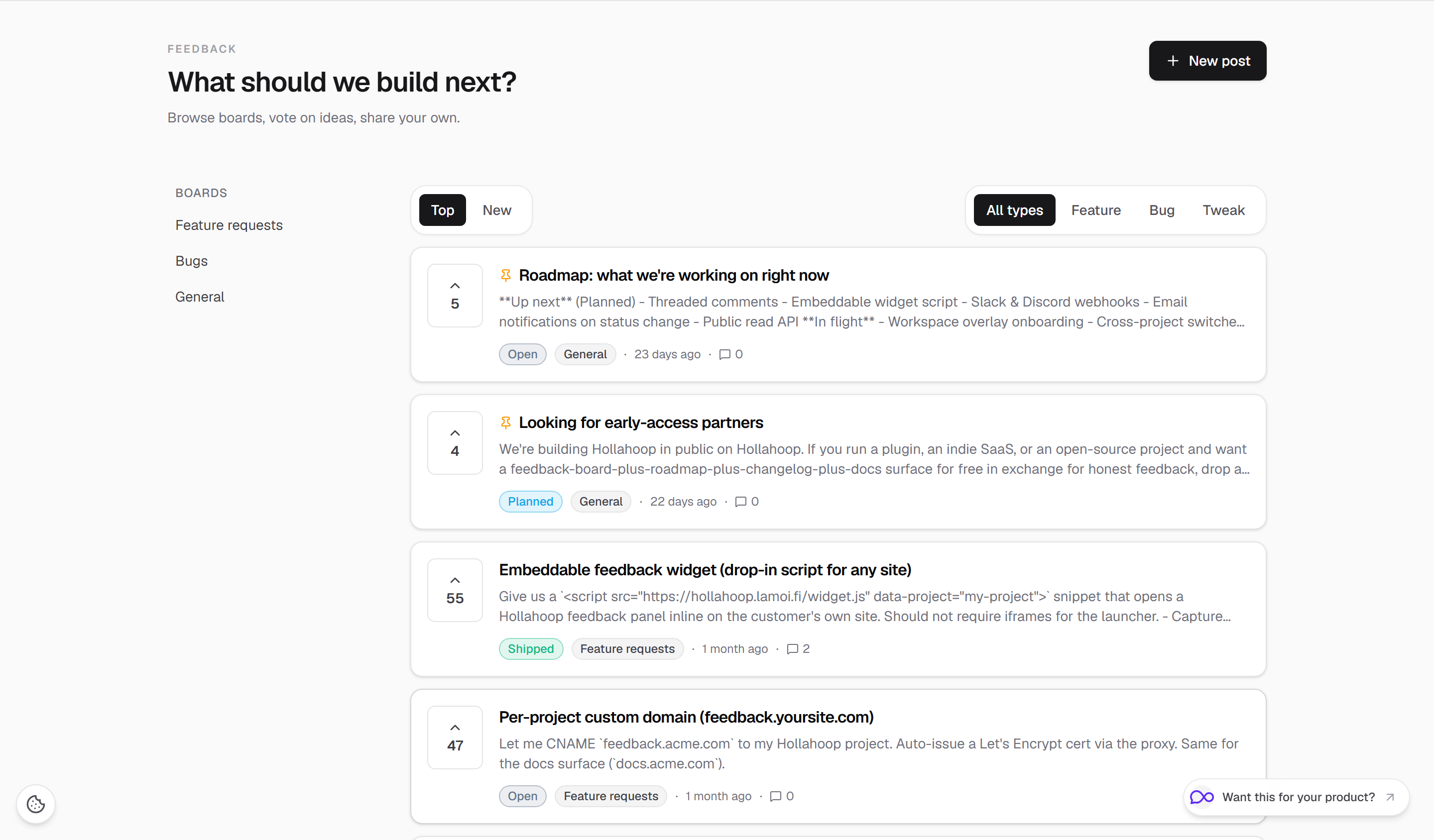 Hollahoop feedback board with votes and status filters