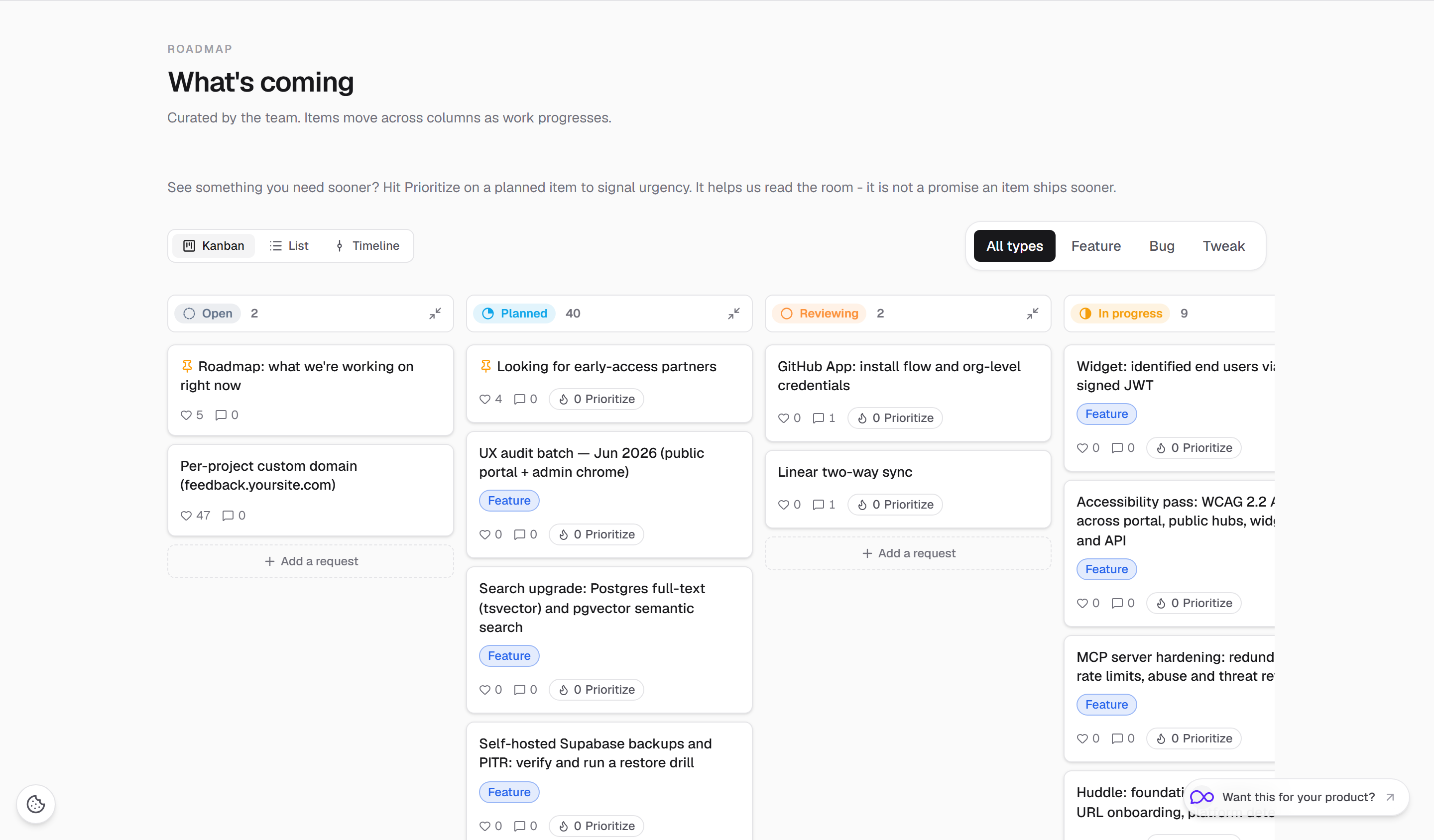 Hollahoop public roadmap kanban with planned and in-progress columns